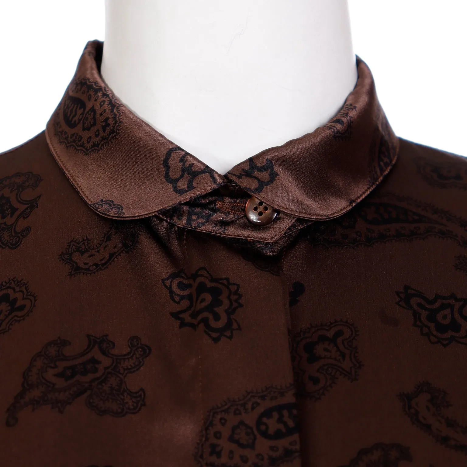 1980s Escada Margaretha Ley Brown & Black Paisley Silk Blouse