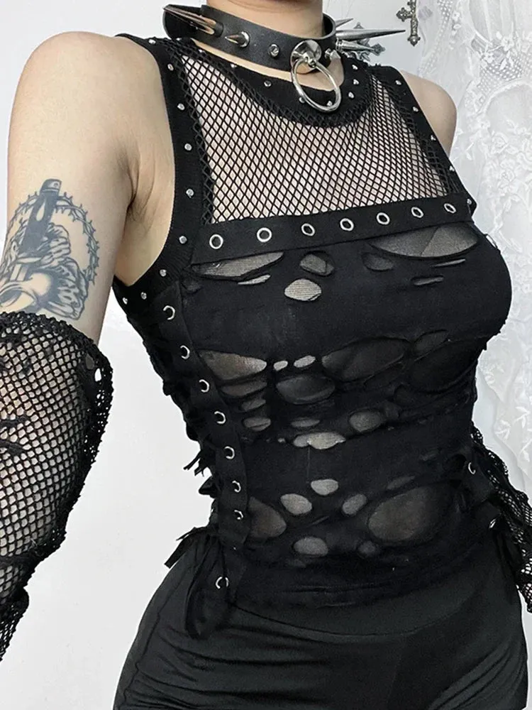 2024 Mall Gothic Sexy Hole See Through Lace-up Streetwear Cyber Punk Rave Crop Top