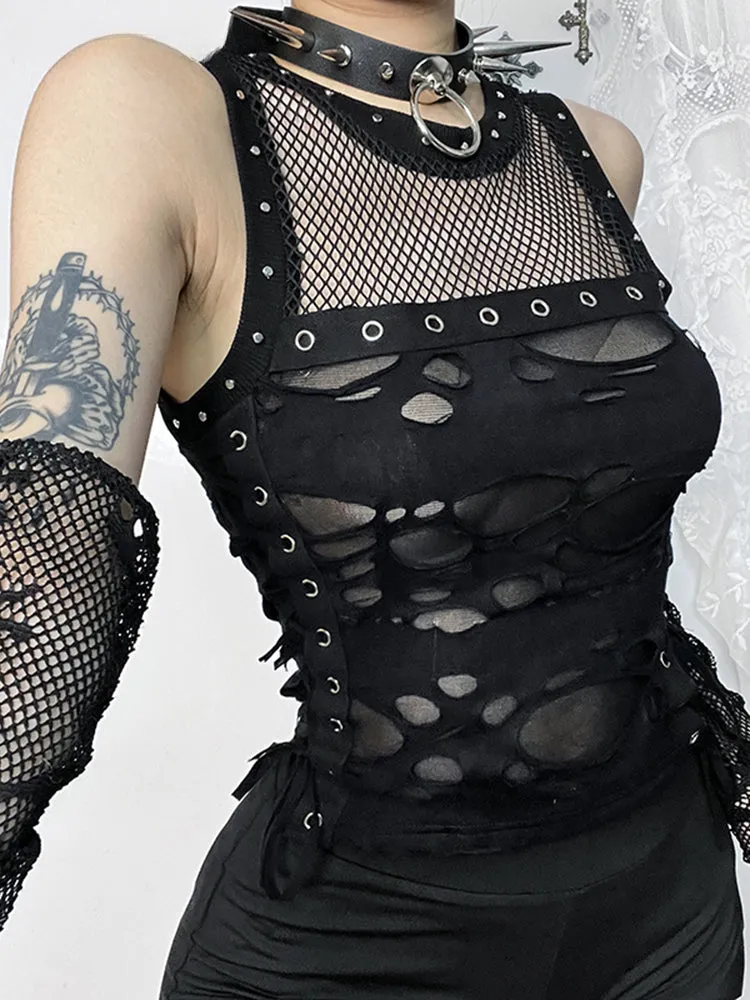 2024 Mall Gothic Sexy Hole See Through Lace-up Streetwear Cyber Punk Rave Crop Top