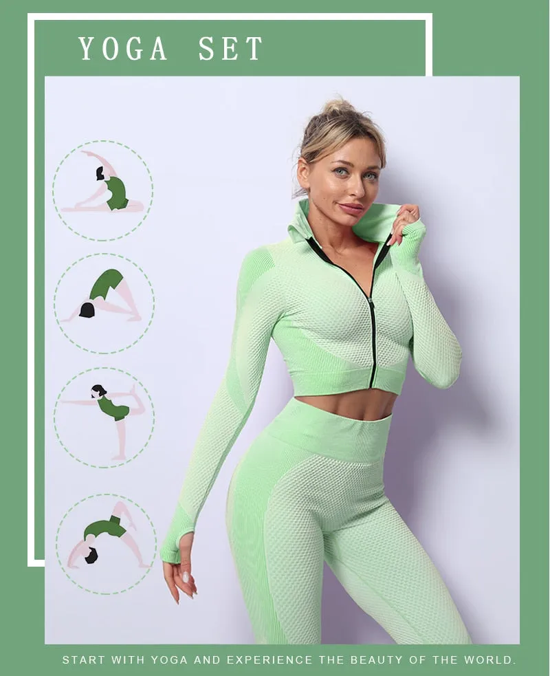 2/3 Piece Seamless Women Yoga Set Workout Sportswear Gym Clothing Fitness Long Sleeve Crop Top High Waist Leggings Sports Suits