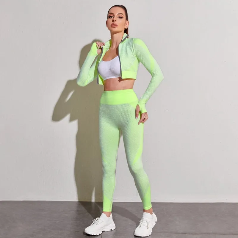 2/3 Piece Seamless Women Yoga Set Workout Sportswear Gym Clothing Fitness Long Sleeve Crop Top High Waist Leggings Sports Suits