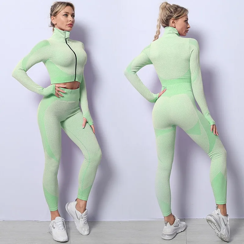 2/3 Piece Seamless Women Yoga Set Workout Sportswear Gym Clothing Fitness Long Sleeve Crop Top High Waist Leggings Sports Suits