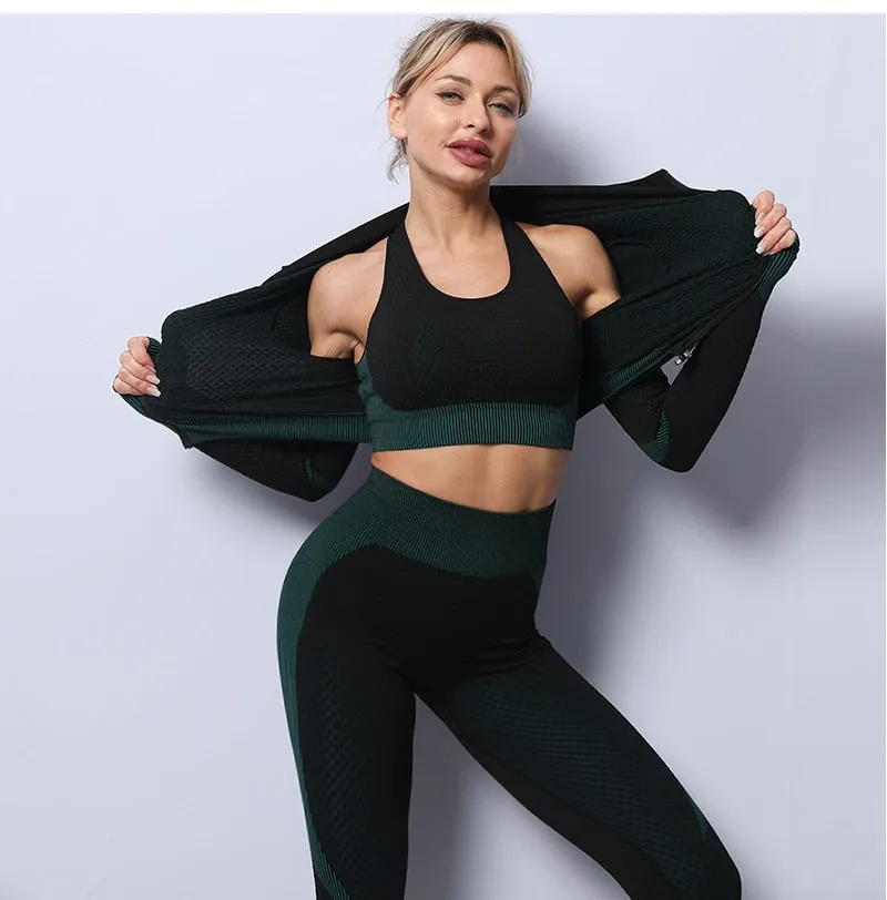 2/3 Piece Seamless Women Yoga Set Workout Sportswear Gym Clothing Fitness Long Sleeve Crop Top High Waist Leggings Sports Suits