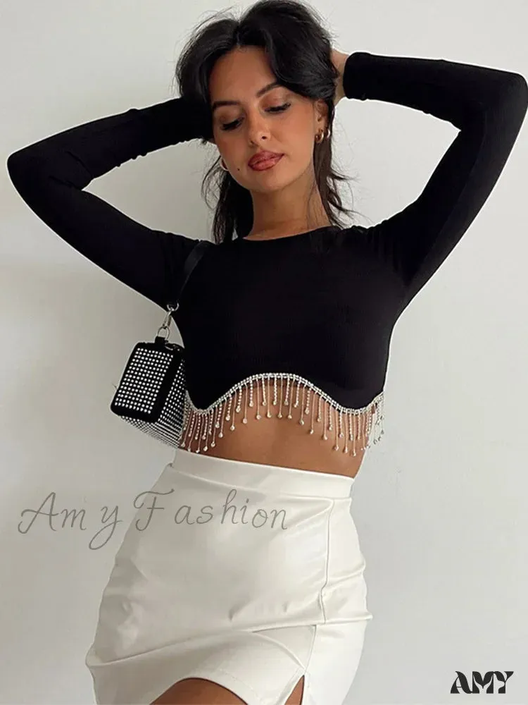 AMY - Rhinestone Tassel Crewneck Elegant Long Sleeve T-shirt Crop Top