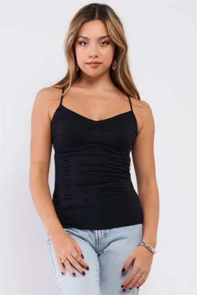 Black Basic Sleeveless V-Neck Gathered Front Detail Ribbed Back Cami Top /3-3