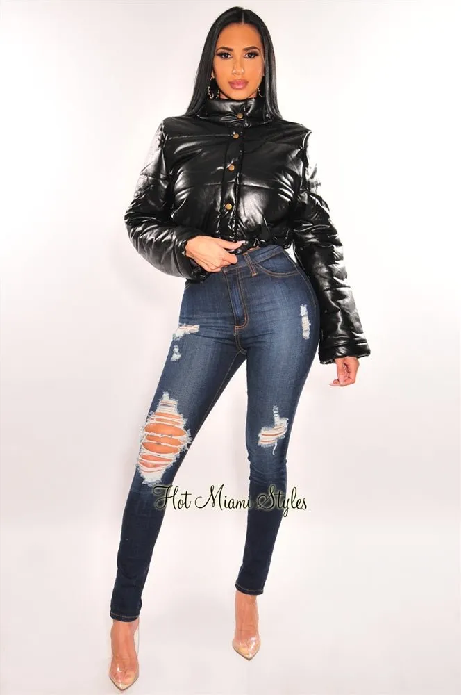 Black Faux Leather Button Up Cropped Bomber Jacket