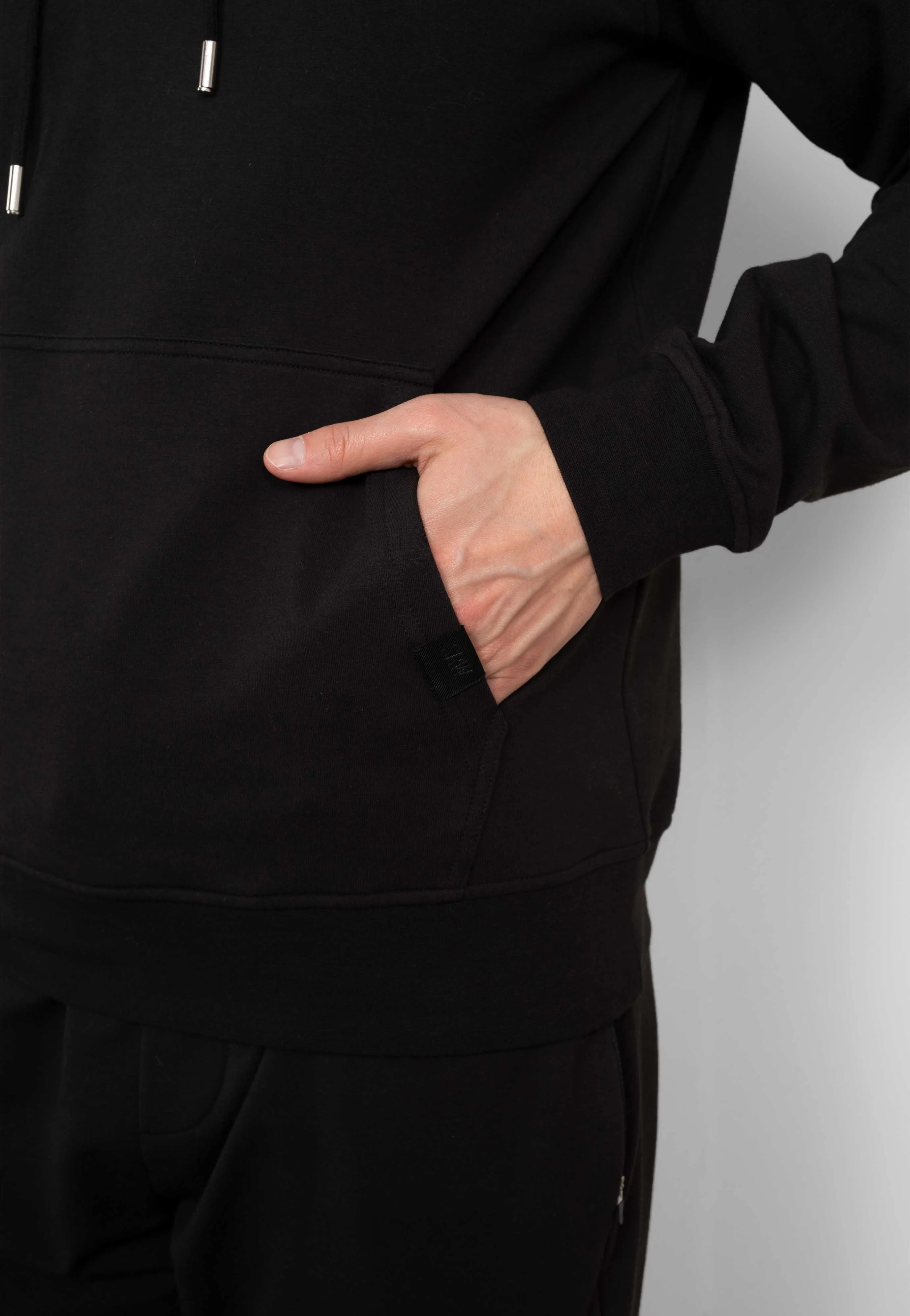 Black Stretch Cotton Blend Hoodie