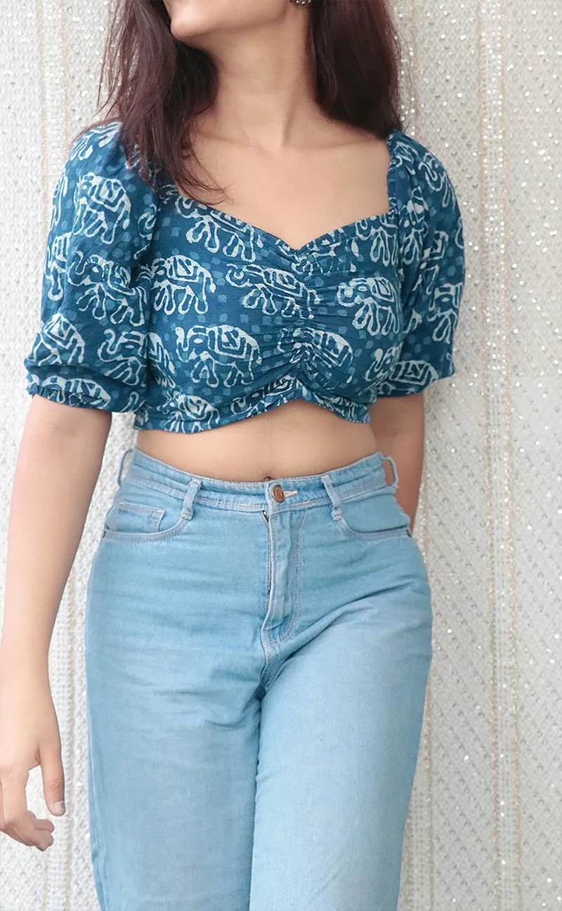 BLUE HANDBLOCK PRINT CROP TOP