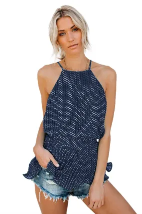 Blue Polka Dot Pleated Tie Halter Top