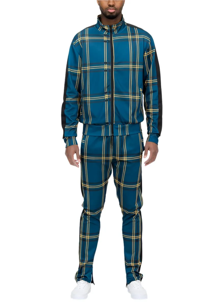 Blue Yellow Black Plaid Track Jacket and Pant Set Mens