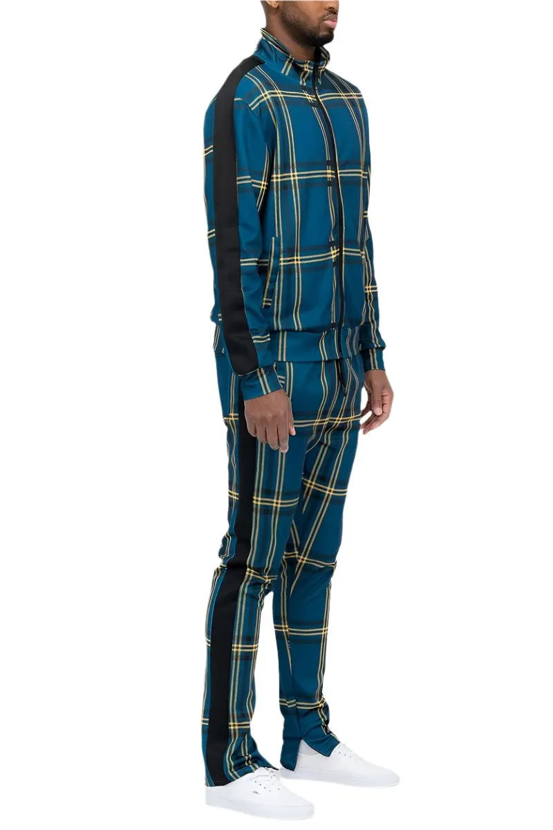 Blue Yellow Black Plaid Track Jacket and Pant Set Mens