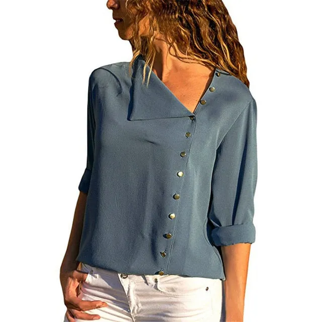 Chiffon Long Sleeve Skew Collar Solid Office Women Blouses And Tops