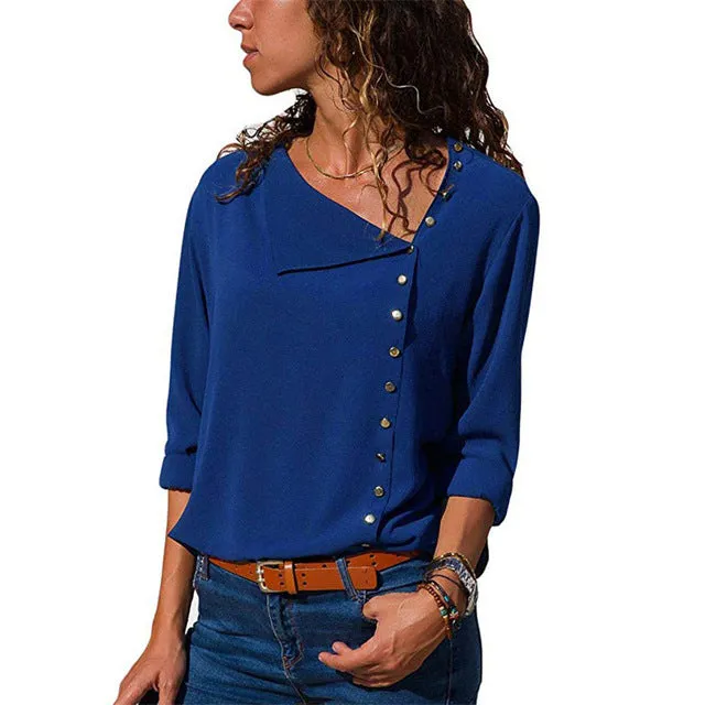 Chiffon Long Sleeve Skew Collar Solid Office Women Blouses And Tops