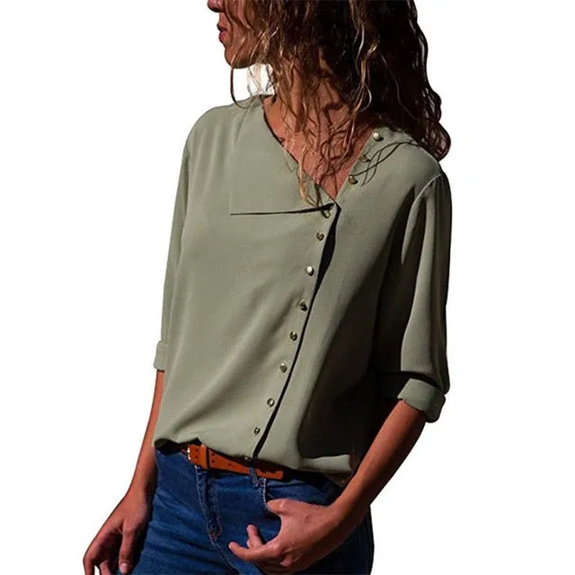 Chiffon Long Sleeve Skew Collar Solid Office Women Blouses And Tops