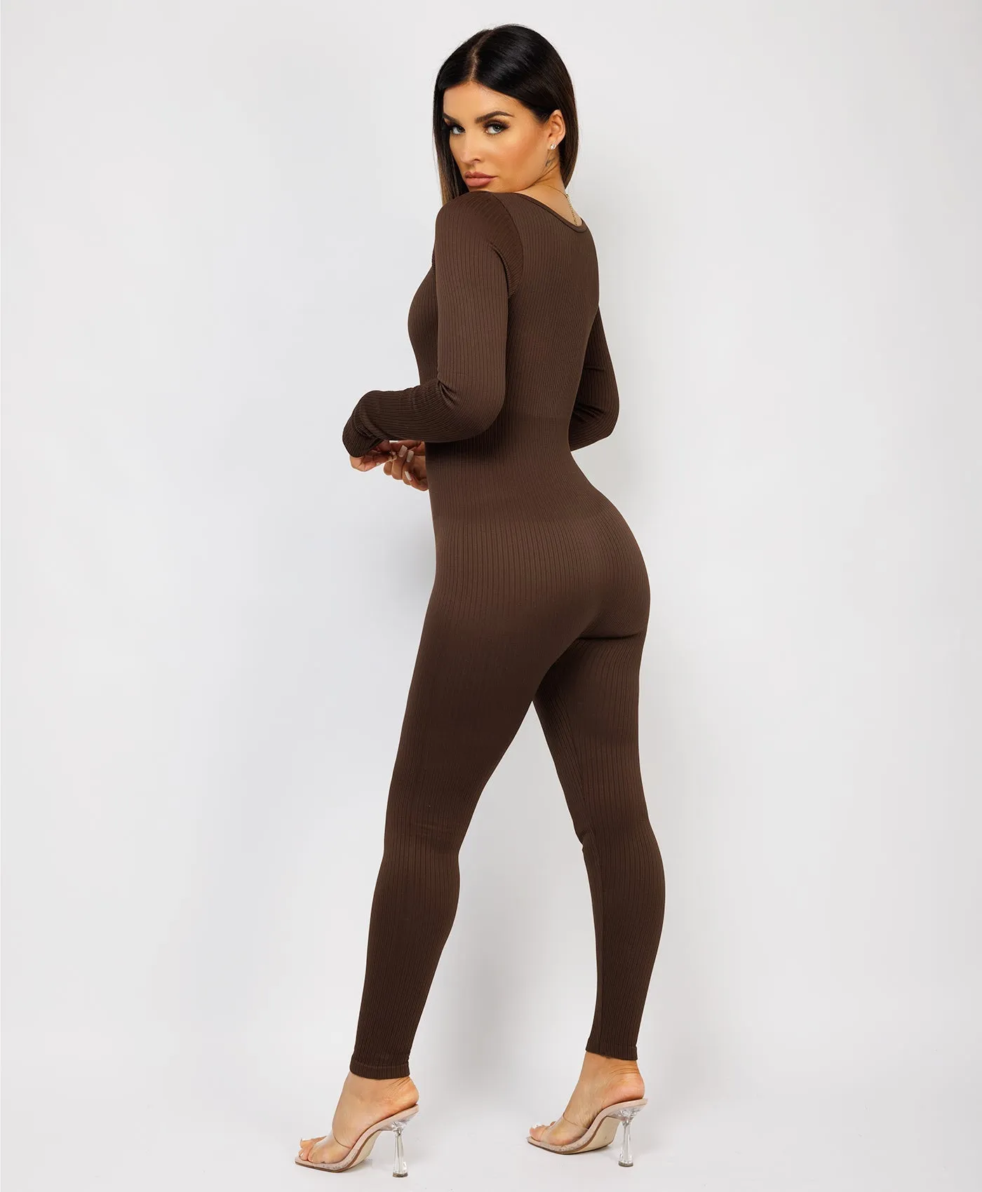 Chocolate Brown Elastic Ribbed Round Neck Jumpsuit