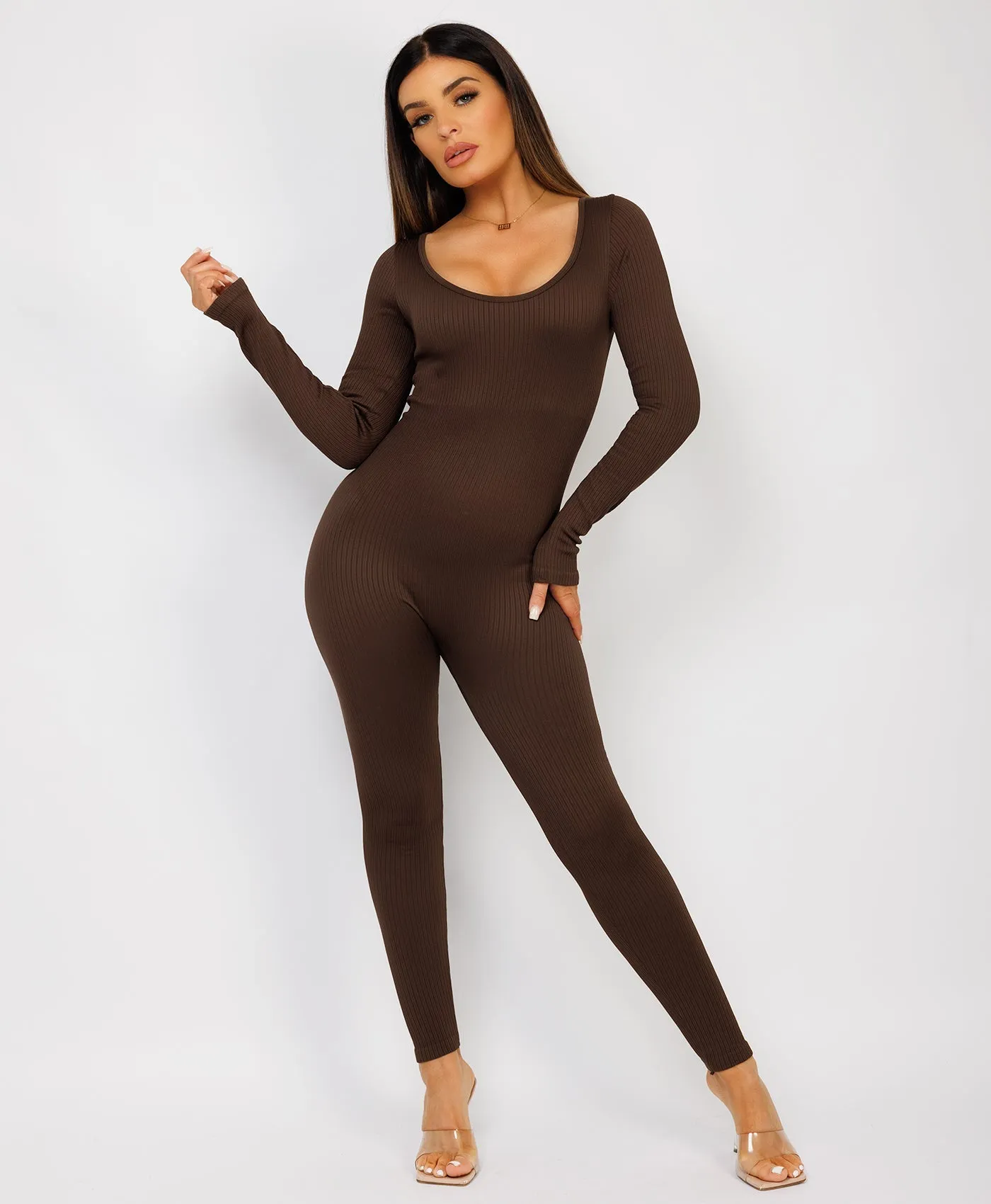 Chocolate Brown Elastic Ribbed Round Neck Jumpsuit