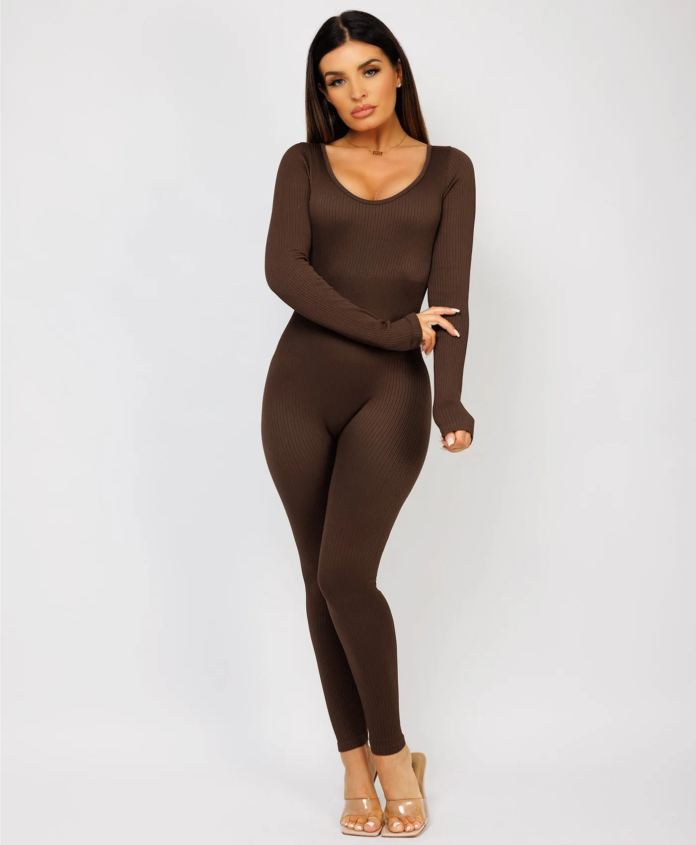 Chocolate Brown Elastic Ribbed Round Neck Jumpsuit