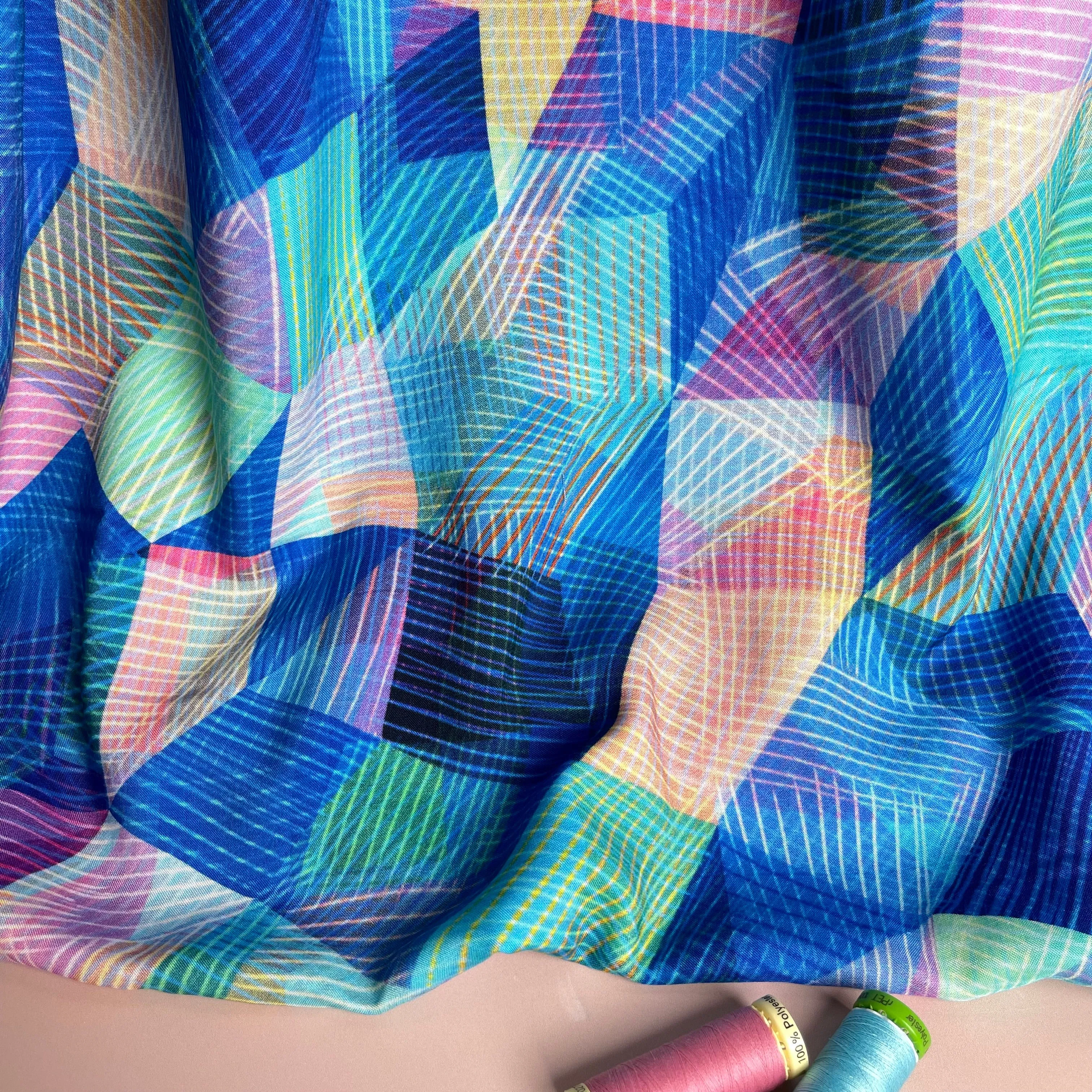 Chroma Blue Kaleidoscope Rayon Fabric