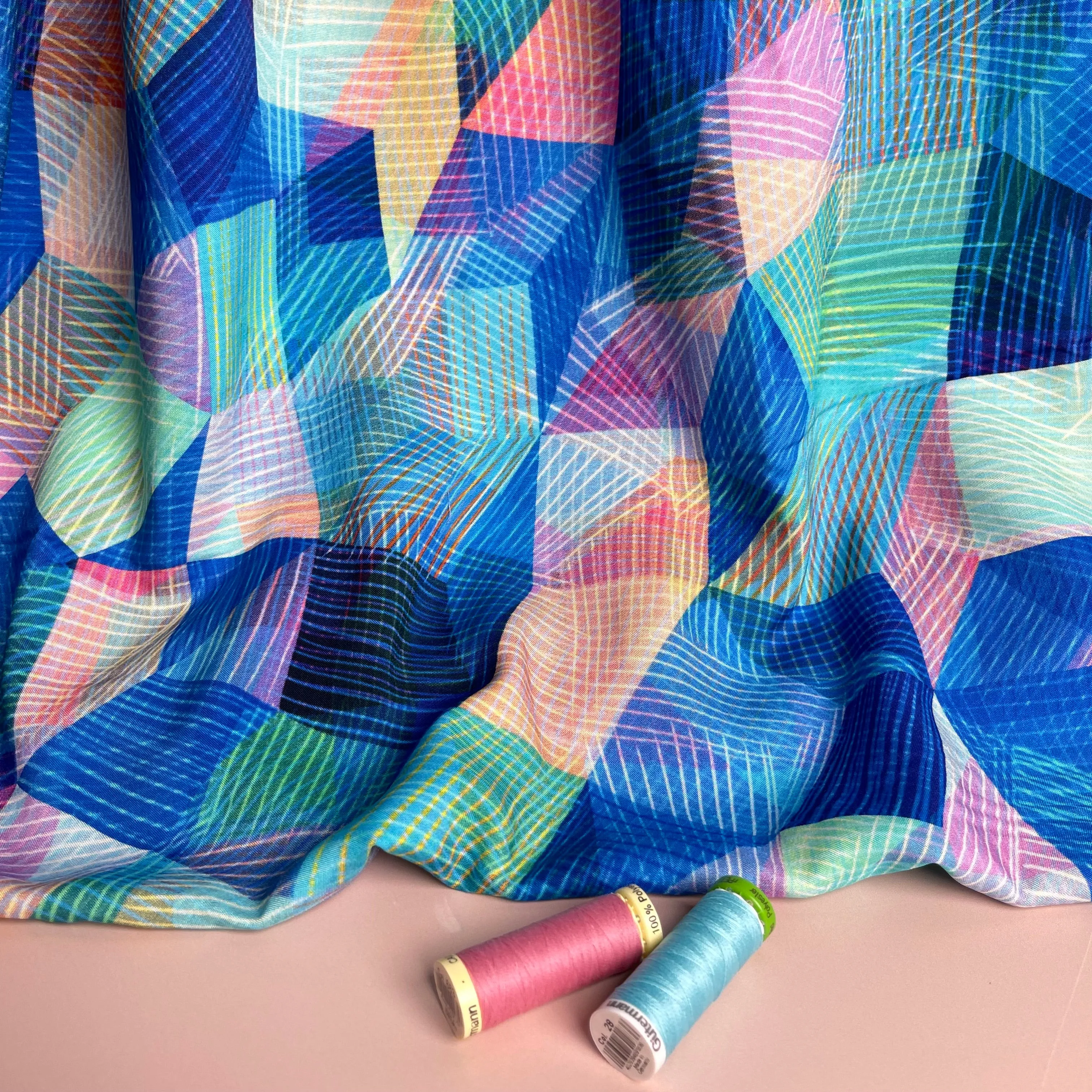 Chroma Blue Kaleidoscope Rayon Fabric