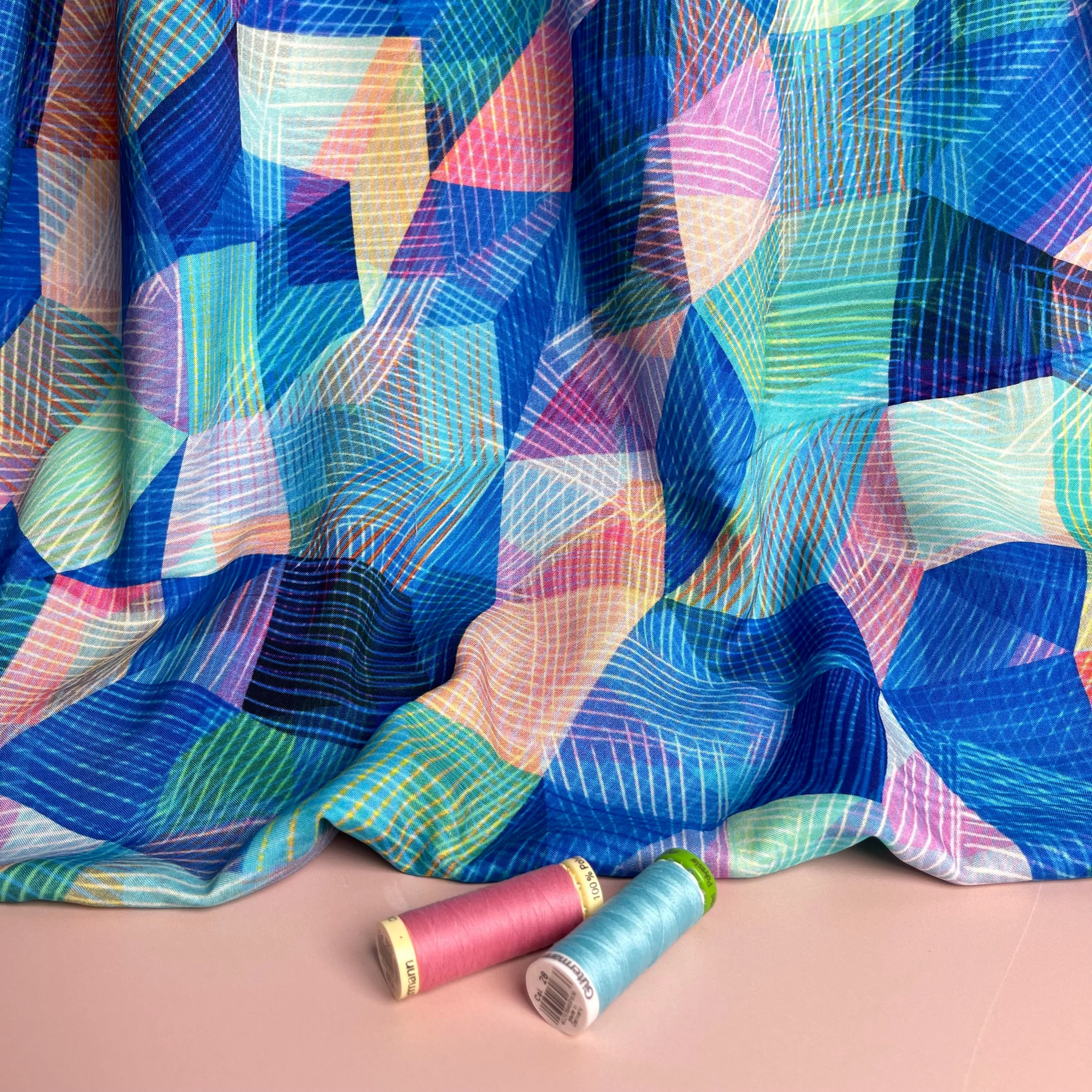 Chroma Blue Kaleidoscope Rayon Fabric