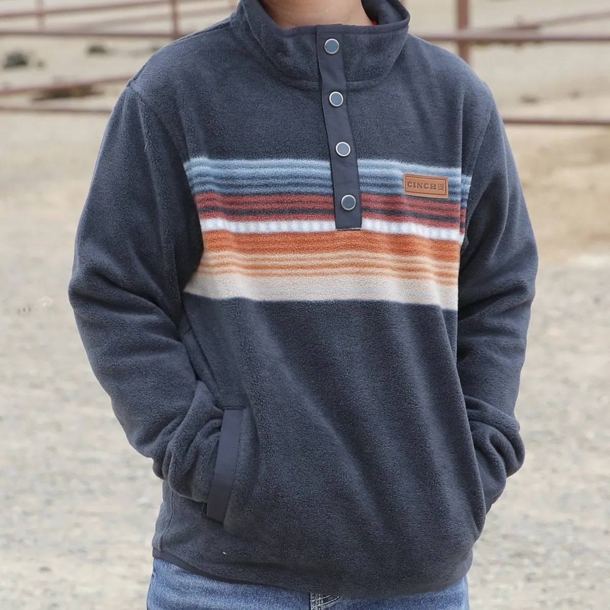 Cinch Youth Boy's Serape Stripe Quarter Snap Fleece Pullover in Navy