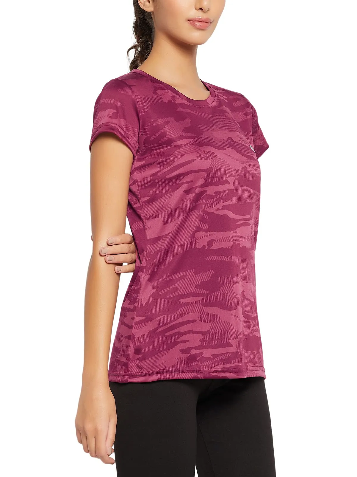 Clovia Women's Comfort Fit Camouflage Print Active T-Shirt(AT0124P09_Maroon_L)