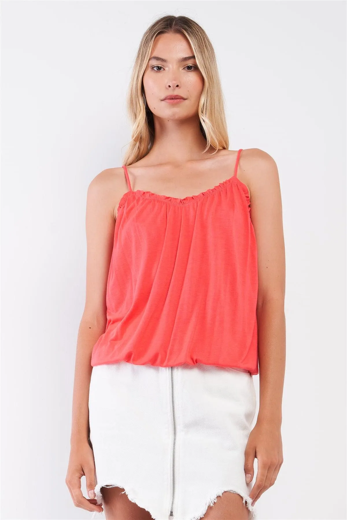 Coral Sleeveless Frill Trim Round Neck Relaxed Cami Top /2-2-2-1-2