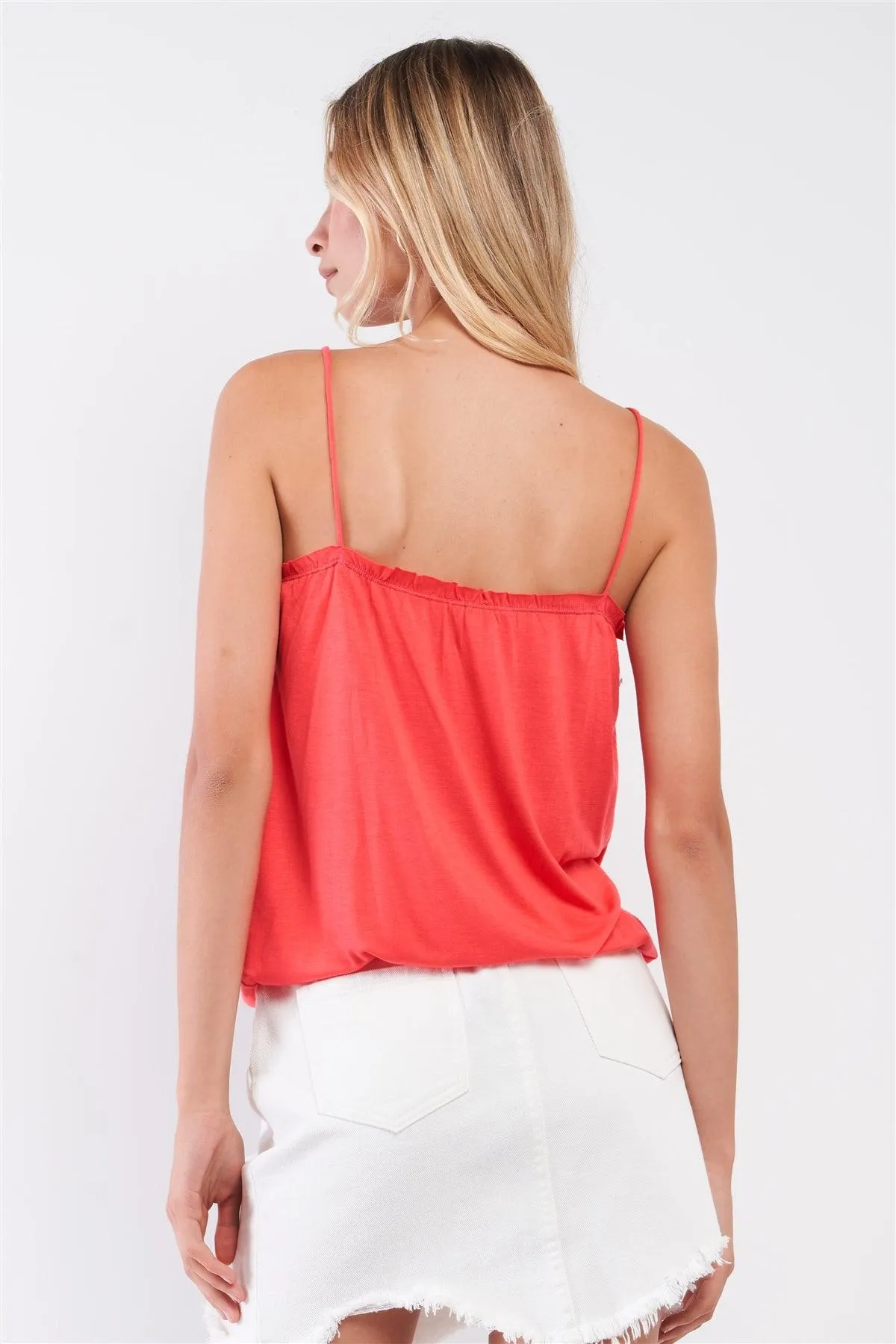 Coral Sleeveless Frill Trim Round Neck Relaxed Cami Top /2-2-2-1-2