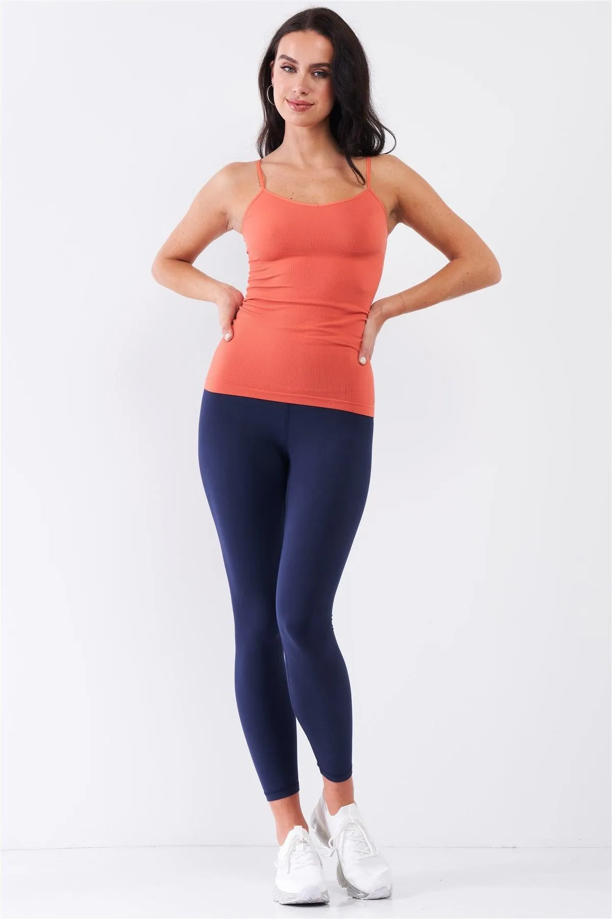 Coral Solid Sleeveless V-Neck Ribbed Tight Cami Top /3-3