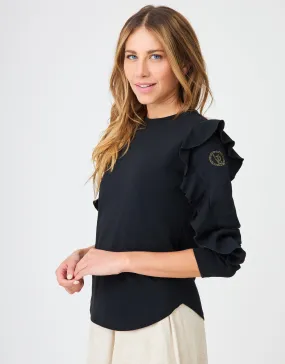 Crew Tee with Sleeve Ruffle and Gold Jewel Logo Black