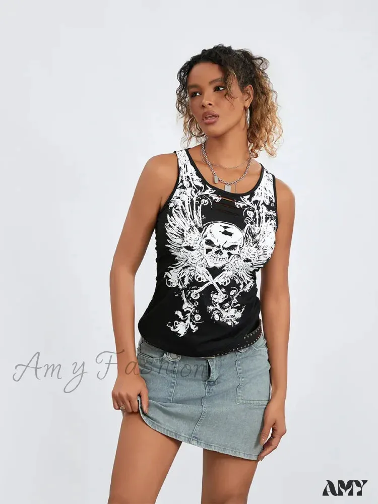 Crop Summer Goth Running Tank Sleeveless Top Fairy Hollow-Out Print Grunge Skull