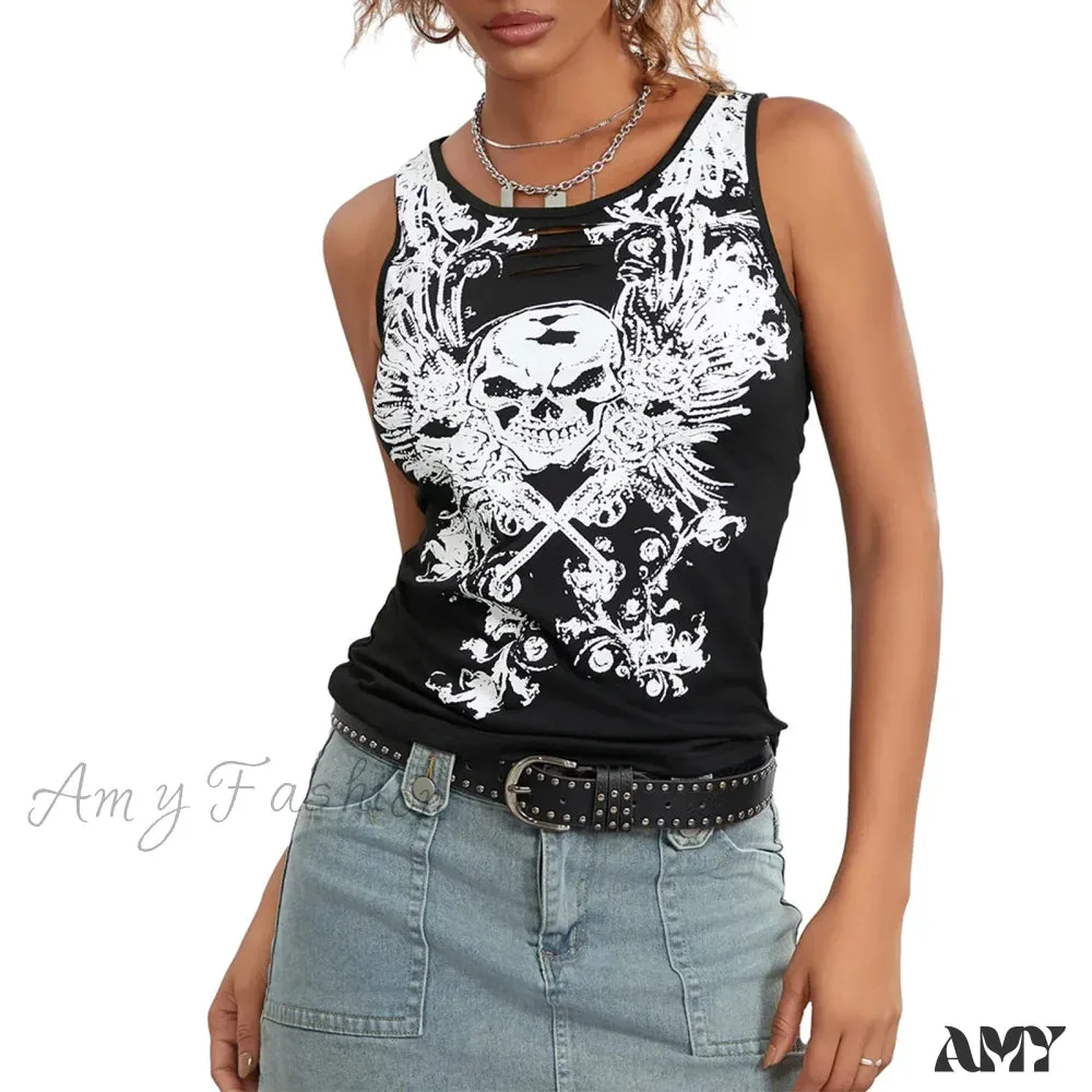 Crop Summer Goth Running Tank Sleeveless Top Fairy Hollow-Out Print Grunge Skull