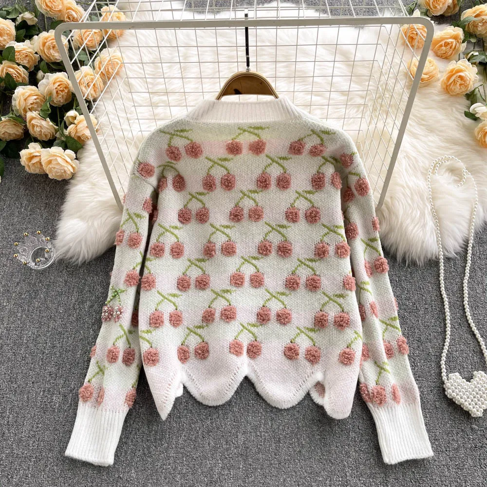 Cute cherry irregular long sleeve sweater     S585