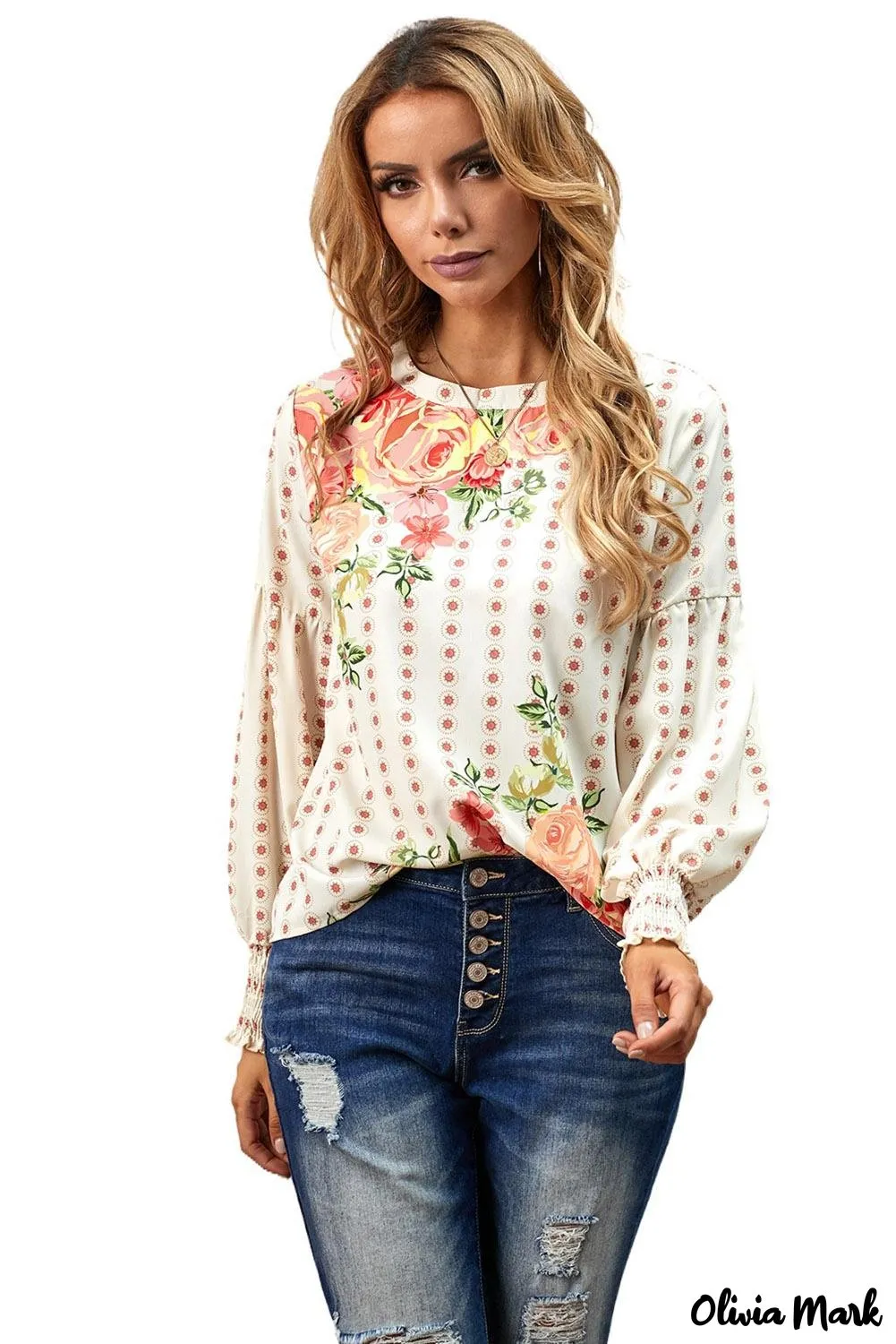 Deanwangkt - Apricot Round Neck Floral Print Balloon Sleeve Blouse