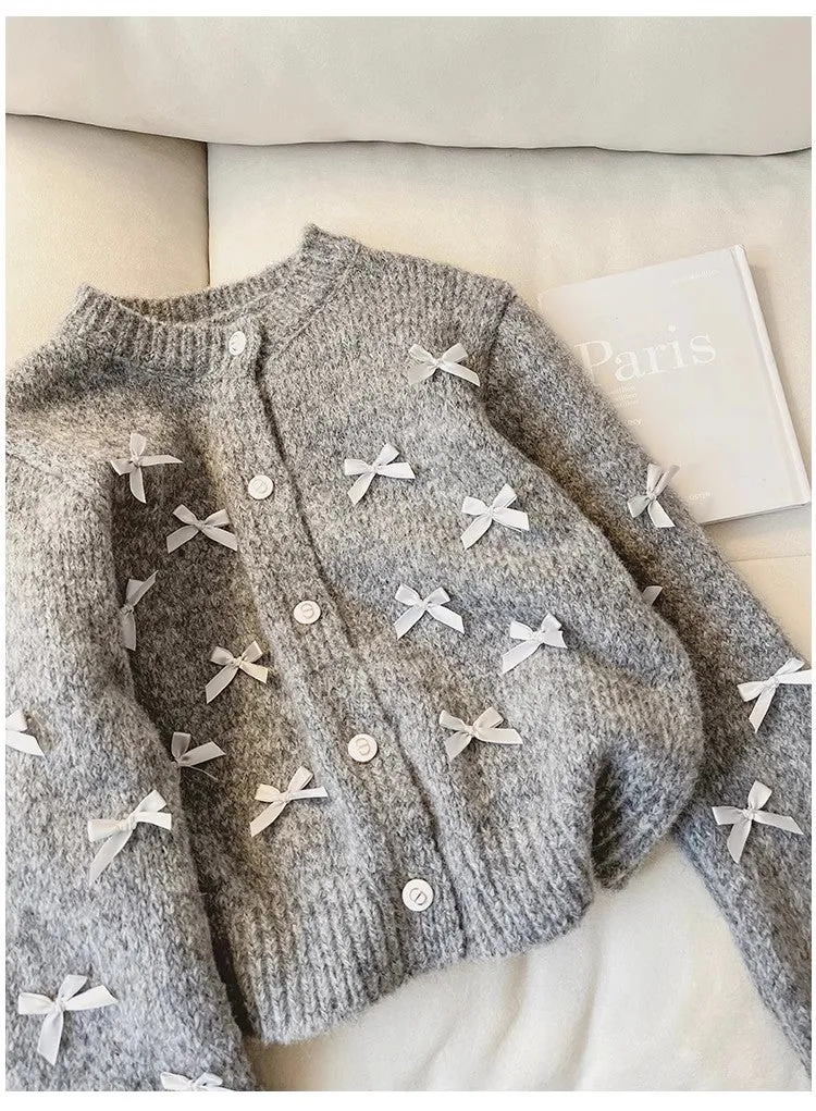 Design bow sweater coat women's long-sleeved knitted cardigan trendy    S4857