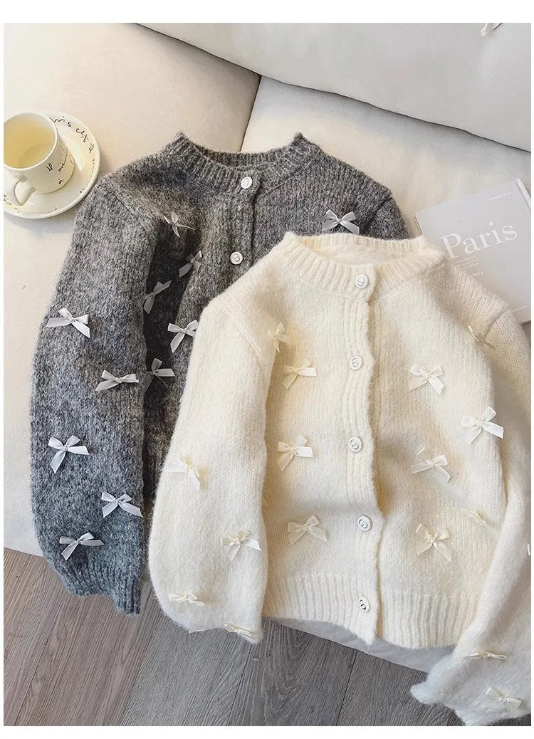 Design bow sweater coat women's long-sleeved knitted cardigan trendy    S4857