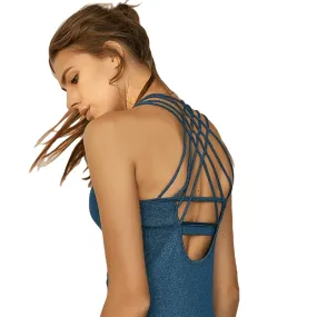 Dry Fit Crisscross Back Strappy Yoga Tops Blue Wourkout Clothes Activewear Built In Bra Gym Tank For Women Running Shirts