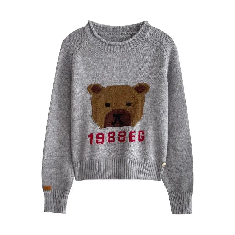 Fashionable casual cartoon bear jacquard round neck long-sleeved knitted sweater    S4743