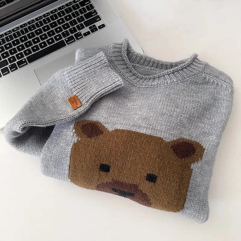 Fashionable casual cartoon bear jacquard round neck long-sleeved knitted sweater    S4743