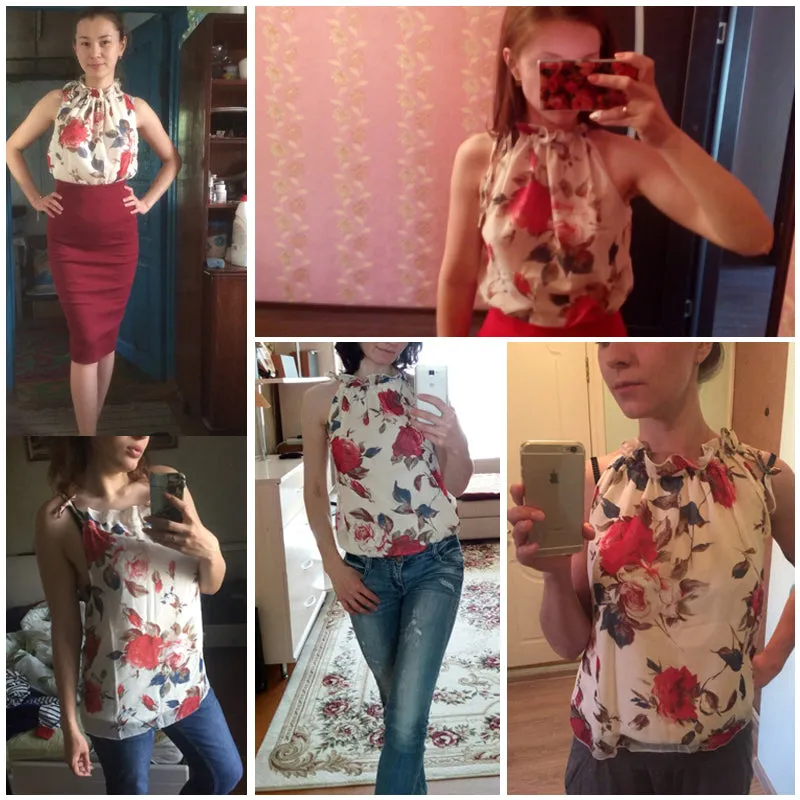 Floral Print Sleeveless Tops Loose Female Casual Blouses