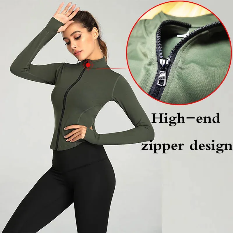 Full Zip-up Workout & Running Jackets with Thumb Holes Stretchy Fitted Long Sleeve Activewear