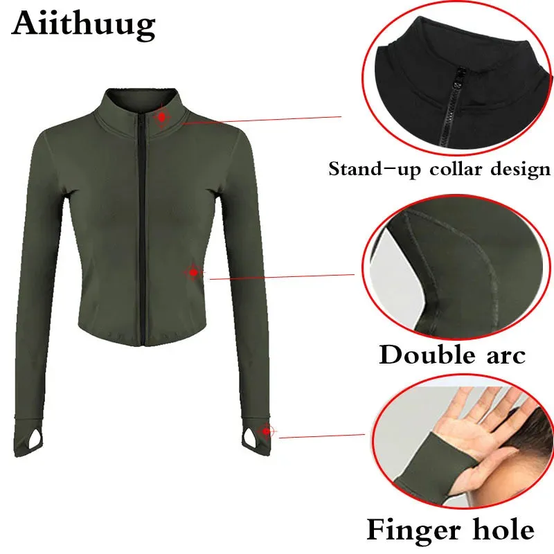 Full Zip-up Workout & Running Jackets with Thumb Holes Stretchy Fitted Long Sleeve Activewear