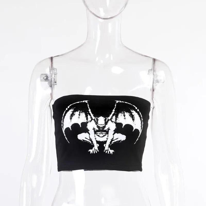 Gothic Gargoyle Skull Demon Print Strapless Women's Top Black Bandage Bodycon Crop Top Rock Punk Mall Goth Grotesques