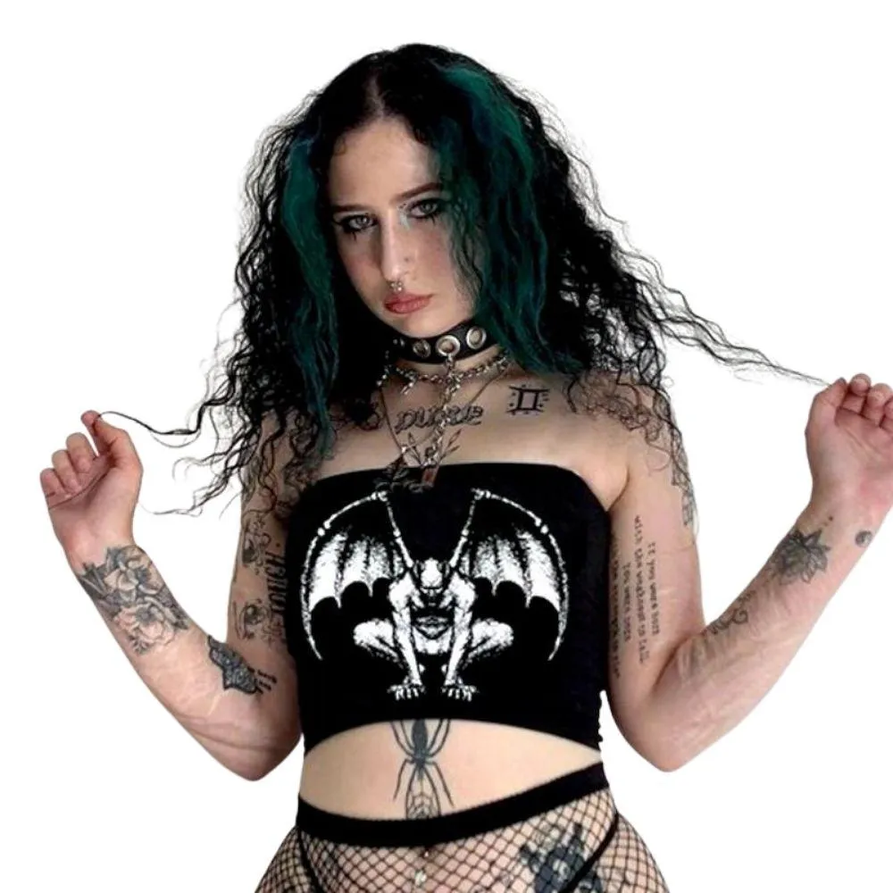 Gothic Gargoyle Skull Demon Print Strapless Women's Top Black Bandage Bodycon Crop Top Rock Punk Mall Goth Grotesques