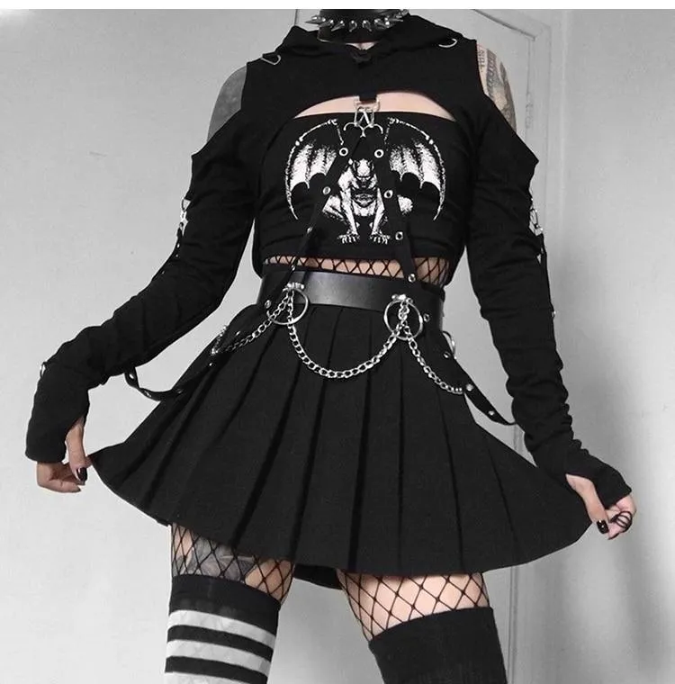 Gothic Gargoyle Skull Demon Print Strapless Women's Top Black Bandage Bodycon Crop Top Rock Punk Mall Goth Grotesques