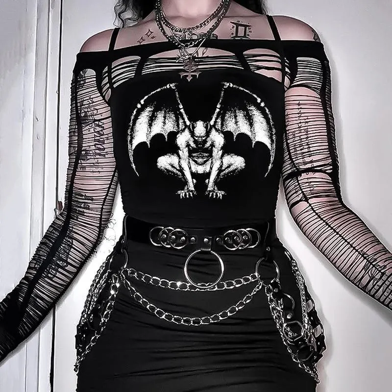 Gothic Gargoyle Skull Demon Print Strapless Women's Top Black Bandage Bodycon Crop Top Rock Punk Mall Goth Grotesques