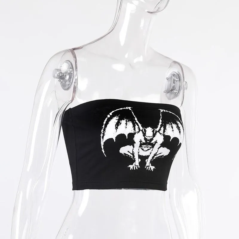 Gothic Gargoyle Skull Demon Print Strapless Women's Top Black Bandage Bodycon Crop Top Rock Punk Mall Goth Grotesques