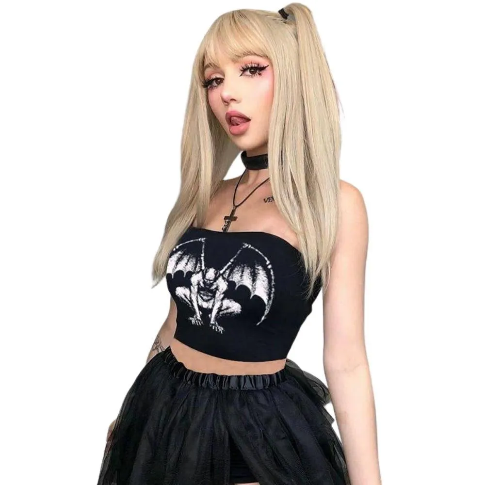 Gothic Gargoyle Skull Demon Print Strapless Women's Top Black Bandage Bodycon Crop Top Rock Punk Mall Goth Grotesques