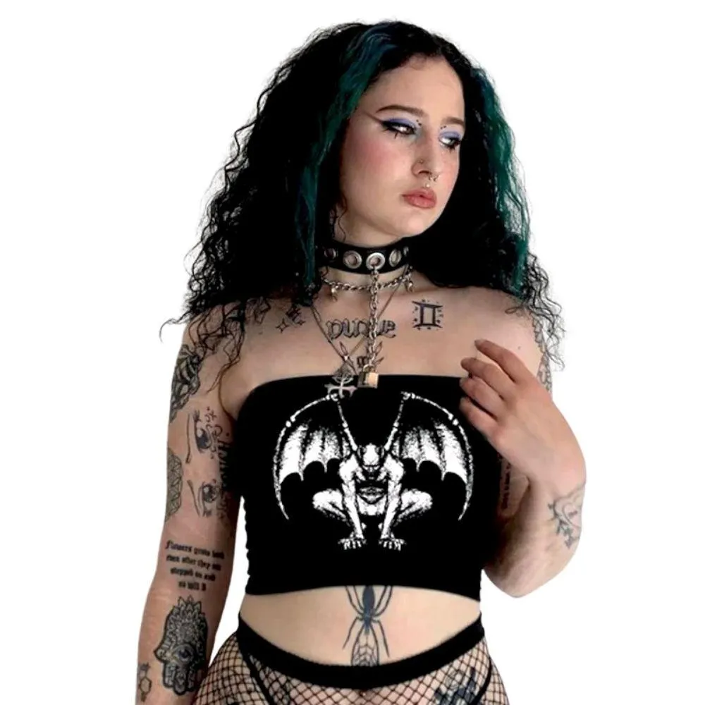 Gothic Gargoyle Skull Demon Print Strapless Women's Top Black Bandage Bodycon Crop Top Rock Punk Mall Goth Grotesques