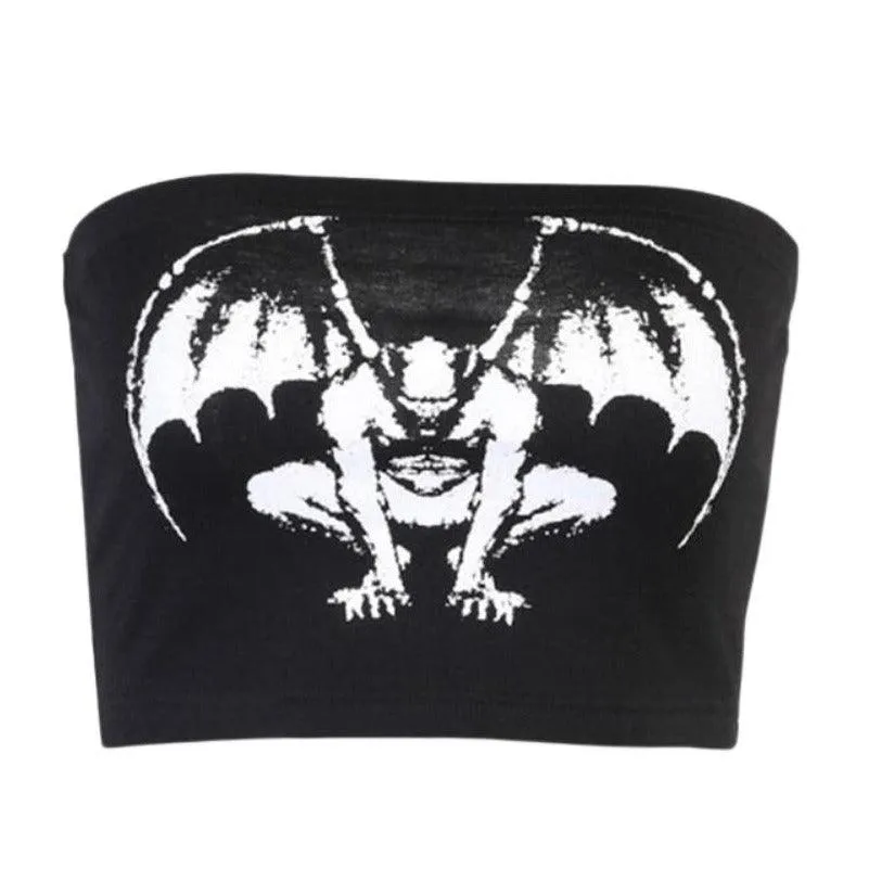 Gothic Gargoyle Skull Demon Print Strapless Women's Top Black Bandage Bodycon Crop Top Rock Punk Mall Goth Grotesques